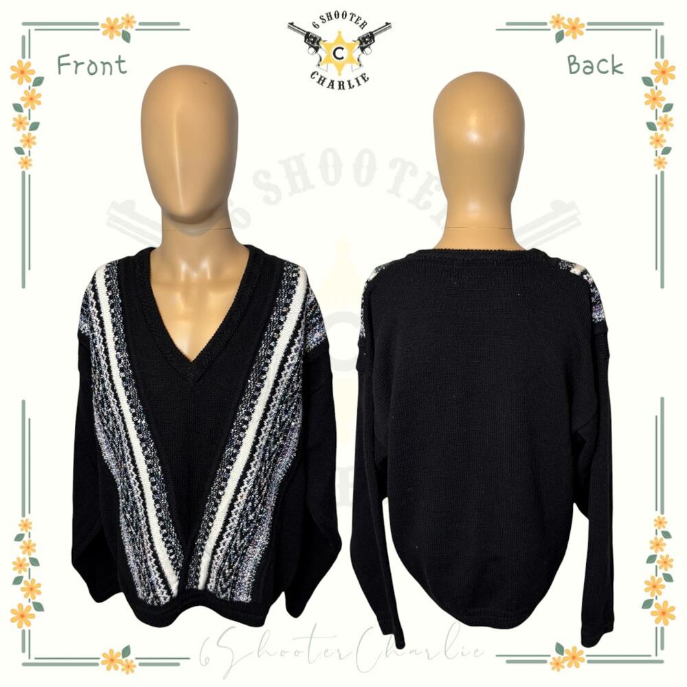 Vintage 90's CONCRETE design V-neck Knit Mixer Sweater Men's Size Large Black